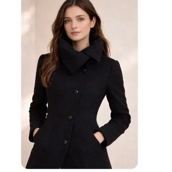 Mackage Black Wool Blend Funnel Neck Peacoat Minimalist Quiet Luxury Medium - Picture 3 of 16